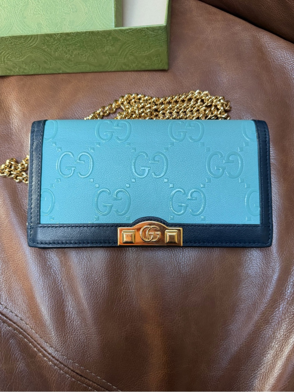 Gucci Blue Embossed GG Leather Crossbody with Black Trim